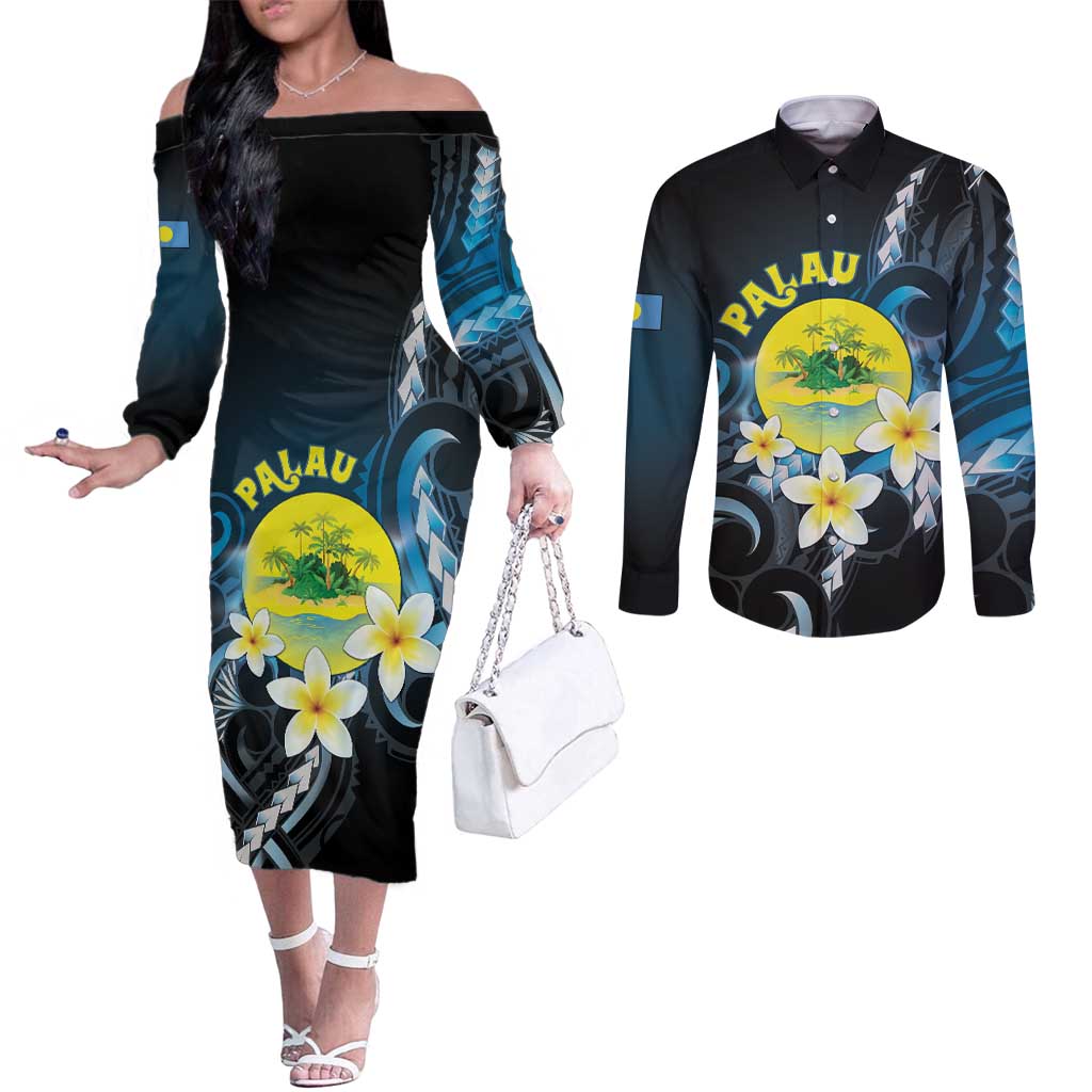 Palau United Nations Day Couples Matching Off The Shoulder Long Sleeve Dress and Long Sleeve Button Shirt Polynesian Curves Plumeria LT05 Black - Polynesian Pride