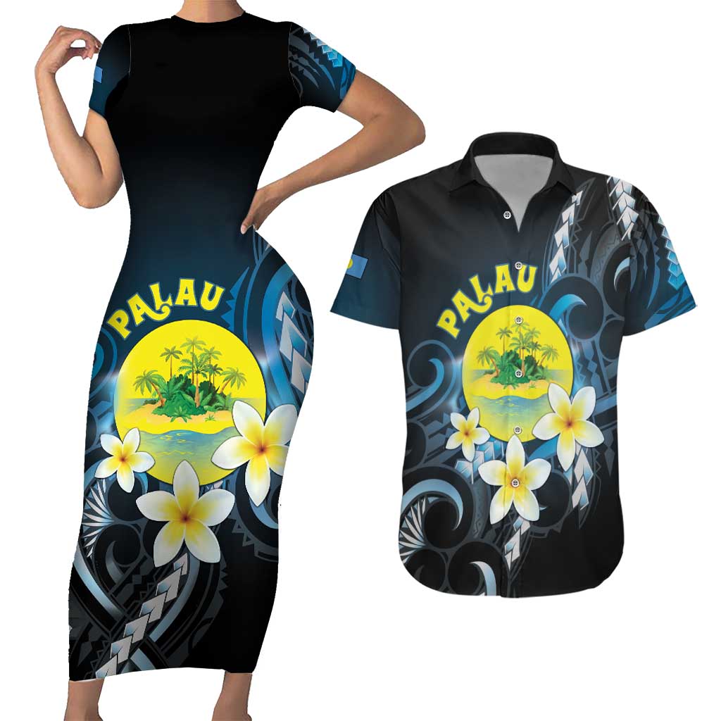 Palau United Nations Day Couples Matching Short Sleeve Bodycon Dress and Hawaiian Shirt Polynesian Curves Plumeria LT05 Black - Polynesian Pride