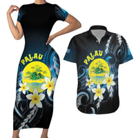 Palau United Nations Day Couples Matching Short Sleeve Bodycon Dress and Hawaiian Shirt Polynesian Curves Plumeria LT05 Black - Polynesian Pride