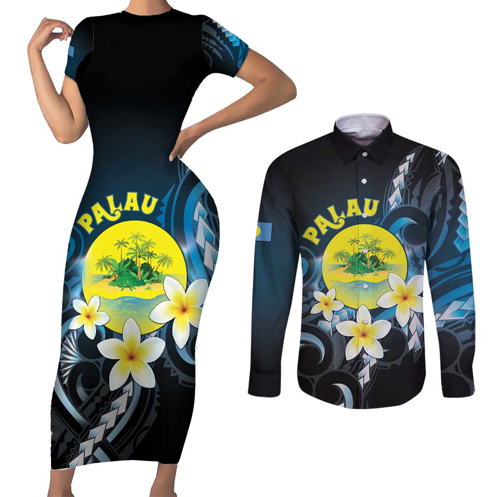 Palau United Nations Day Couples Matching Short Sleeve Bodycon Dress and Long Sleeve Button Shirt Polynesian Curves Plumeria LT05 Black - Polynesian Pride