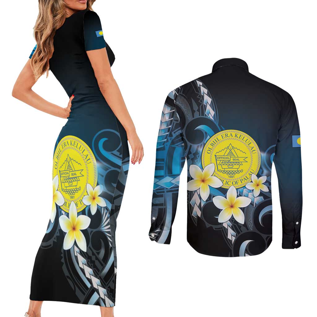 Palau United Nations Day Couples Matching Short Sleeve Bodycon Dress and Long Sleeve Button Shirt Polynesian Curves Plumeria LT05 - Polynesian Pride