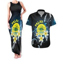 Palau United Nations Day Couples Matching Tank Maxi Dress and Hawaiian Shirt Polynesian Curves Plumeria LT05 Black - Polynesian Pride