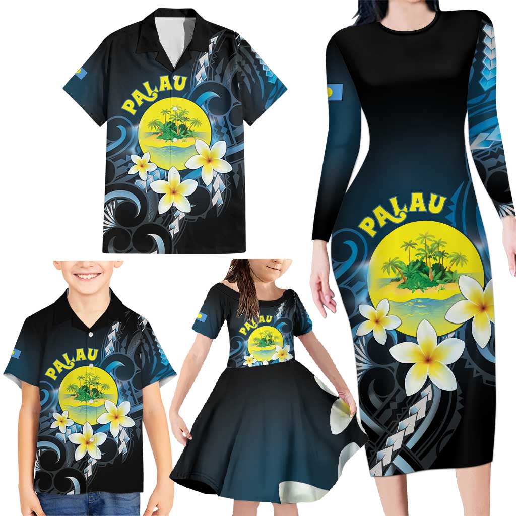 Palau United Nations Day Family Matching Long Sleeve Bodycon Dress and Hawaiian Shirt Polynesian Curves Plumeria LT05 - Polynesian Pride