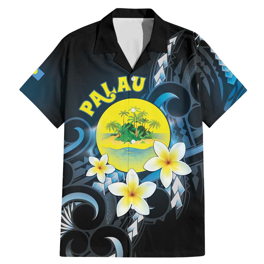 Palau United Nations Day Family Matching Mermaid Dress and Hawaiian Shirt Polynesian Curves Plumeria LT05 Dad's Shirt - Short Sleeve Black - Polynesian Pride