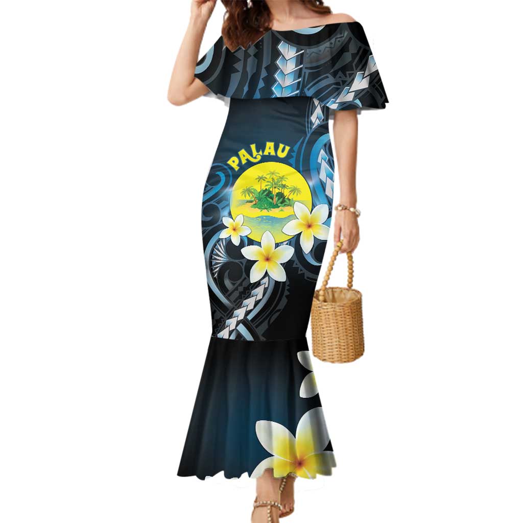 Palau United Nations Day Family Matching Mermaid Dress and Hawaiian Shirt Polynesian Curves Plumeria LT05 Mom's Dress Black - Polynesian Pride