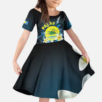 Palau United Nations Day Family Matching Off The Shoulder Long Sleeve Dress and Hawaiian Shirt Polynesian Curves Plumeria LT05 Daughter's Dress Black - Polynesian Pride