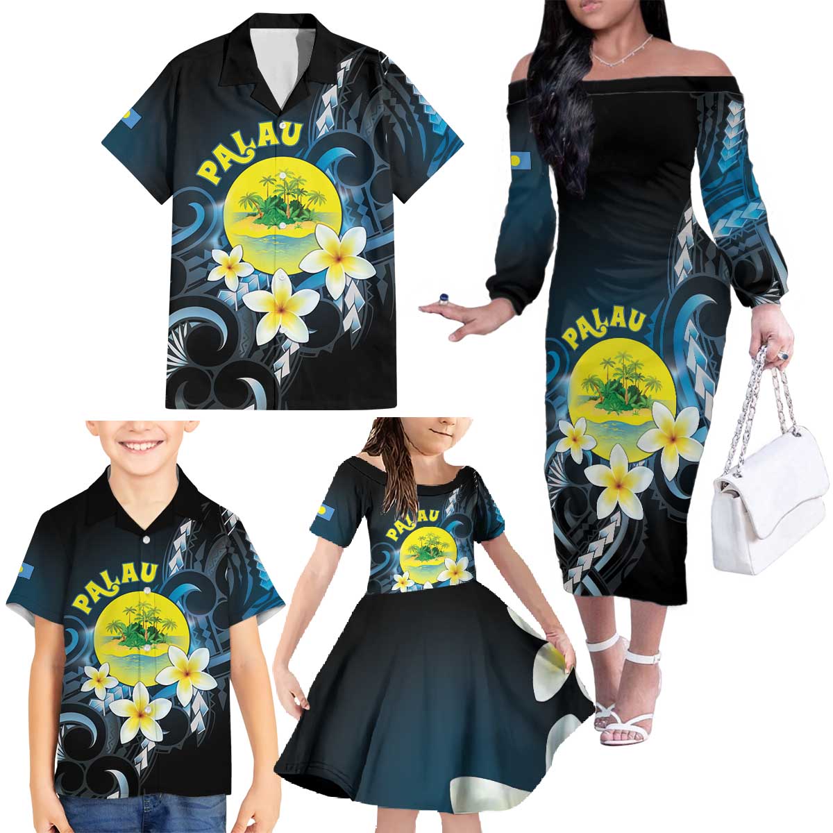 Palau United Nations Day Family Matching Off The Shoulder Long Sleeve Dress and Hawaiian Shirt Polynesian Curves Plumeria LT05 - Polynesian Pride