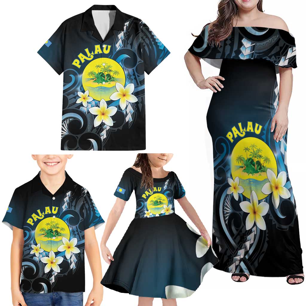 Palau United Nations Day Family Matching Off Shoulder Maxi Dress and Hawaiian Shirt Polynesian Curves Plumeria LT05 - Polynesian Pride