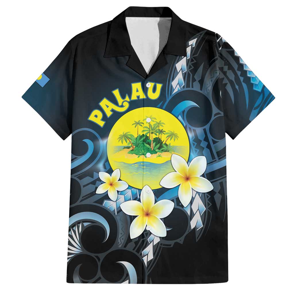 Palau United Nations Day Family Matching Off Shoulder Maxi Dress and Hawaiian Shirt Polynesian Curves Plumeria LT05 Dad's Shirt - Short Sleeve Black - Polynesian Pride