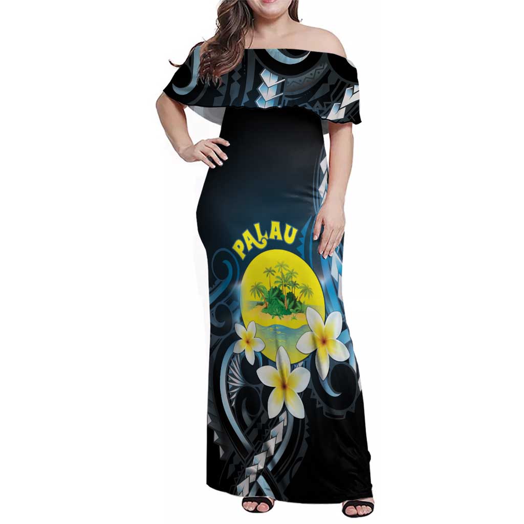 Palau United Nations Day Family Matching Off Shoulder Maxi Dress and Hawaiian Shirt Polynesian Curves Plumeria LT05 Mom's Dress Black - Polynesian Pride