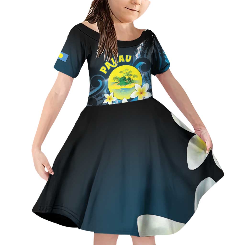 Palau United Nations Day Family Matching Off Shoulder Short Dress and Hawaiian Shirt Polynesian Curves Plumeria LT05 Daughter's Dress Black - Polynesian Pride