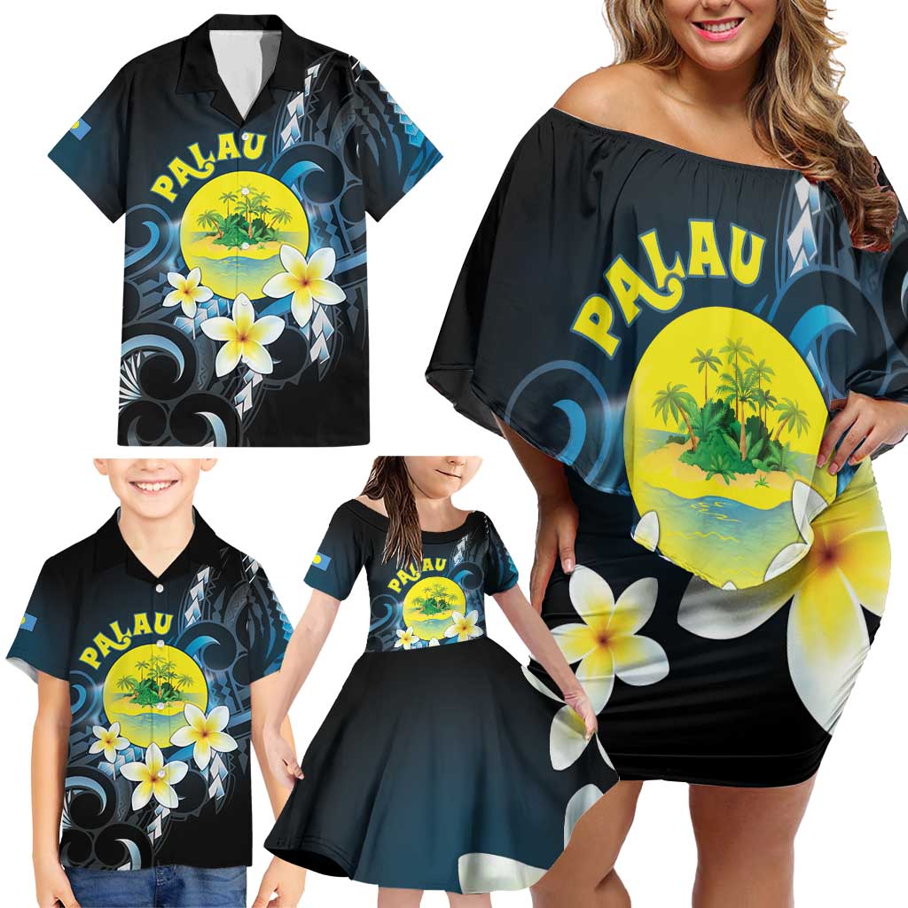 Palau United Nations Day Family Matching Off Shoulder Short Dress and Hawaiian Shirt Polynesian Curves Plumeria LT05 - Polynesian Pride