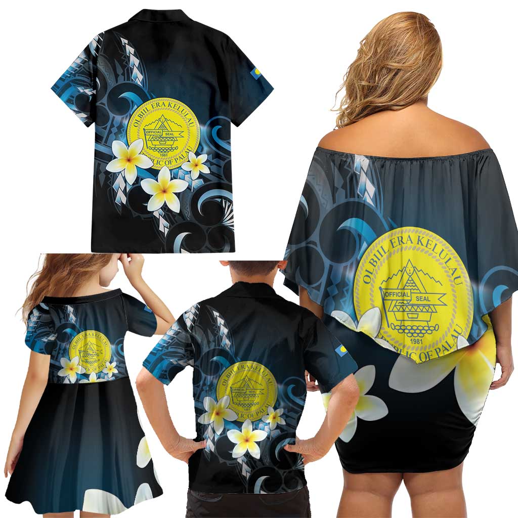 Palau United Nations Day Family Matching Off Shoulder Short Dress and Hawaiian Shirt Polynesian Curves Plumeria LT05 - Polynesian Pride