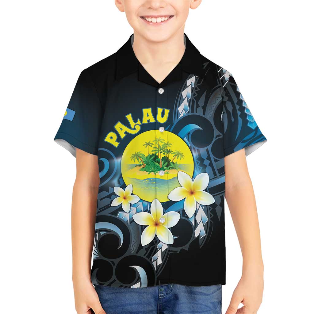 Palau United Nations Day Family Matching Puletasi and Hawaiian Shirt Polynesian Curves Plumeria LT05 Son's Shirt Black - Polynesian Pride