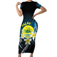 Palau United Nations Day Family Matching Short Sleeve Bodycon Dress and Hawaiian Shirt Polynesian Curves Plumeria LT05 Mom's Dress Black - Polynesian Pride