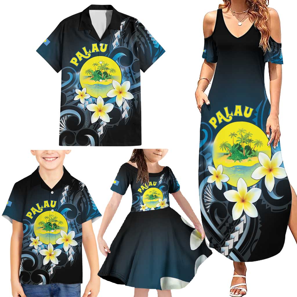 Palau United Nations Day Family Matching Summer Maxi Dress and Hawaiian Shirt Polynesian Curves Plumeria LT05 - Polynesian Pride