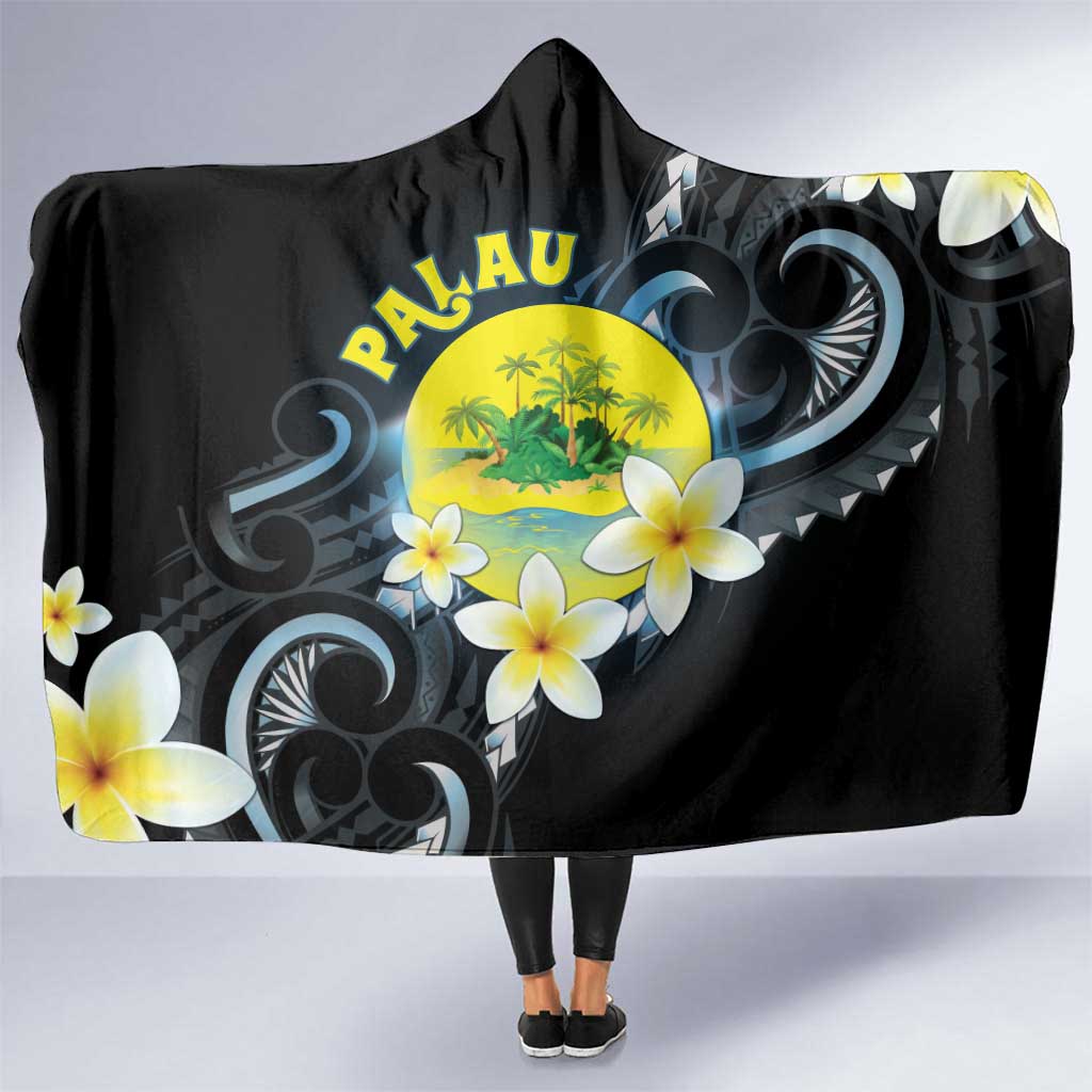 Palau United Nations Day Hooded Blanket Polynesian Curves Plumeria LT05 One Size Black - Polynesian Pride