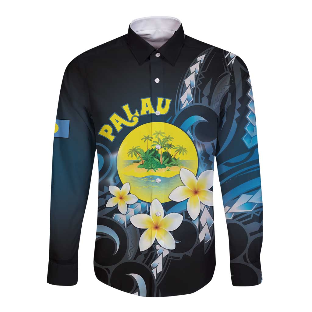 Palau United Nations Day Long Sleeve Button Shirt Polynesian Curves Plumeria LT05 Unisex Black - Polynesian Pride