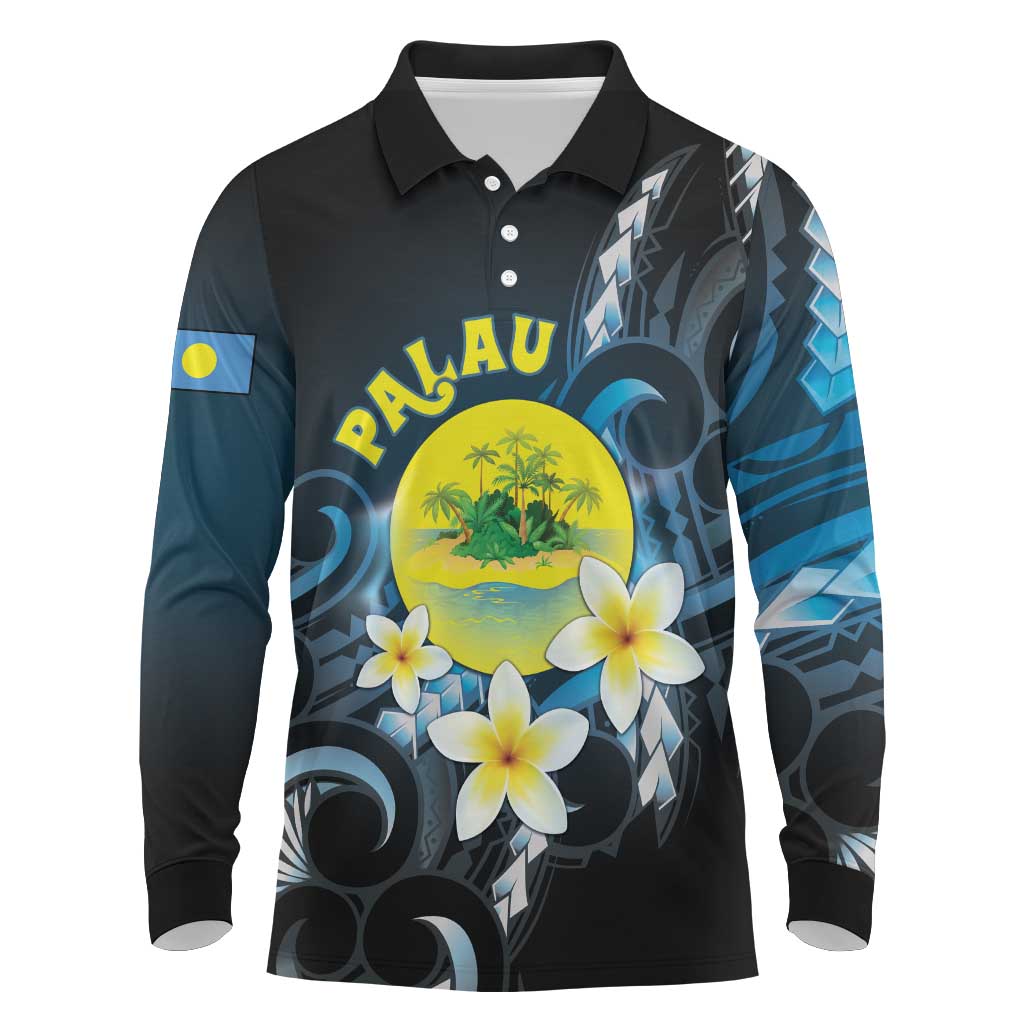Palau United Nations Day Long Sleeve Polo Shirt Polynesian Curves Plumeria LT05 Black - Polynesian Pride