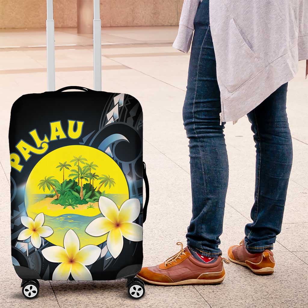 Palau United Nations Day Luggage Cover Polynesian Curves Plumeria LT05 Black - Polynesian Pride