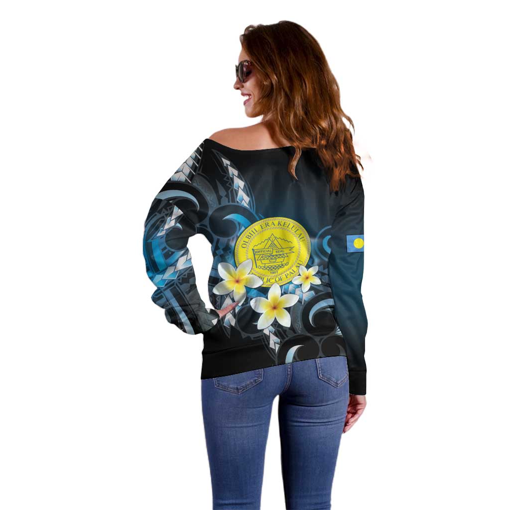 Palau United Nations Day Off Shoulder Sweater Polynesian Curves Plumeria - Polynesian Pride