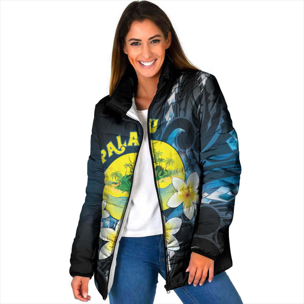 Palau United Nations Day Padded Jacket Polynesian Curves Plumeria LT05 Women Black - Polynesian Pride