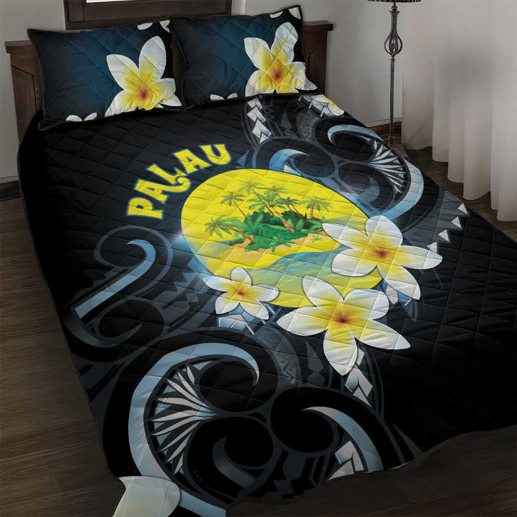 Palau United Nations Day Quilt Bed Set Polynesian Curves Plumeria LT05 Black - Polynesian Pride