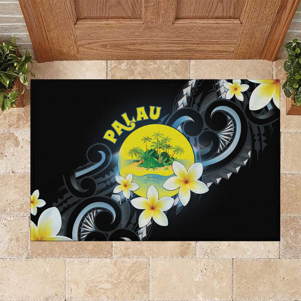 Palau United Nations Day Rubber Doormat Polynesian Curves Plumeria LT05 Black - Polynesian Pride