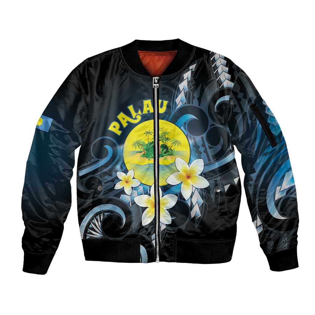 Palau United Nations Day Sleeve Zip Bomber Jacket Polynesian Curves Plumeria LT05 Unisex Black - Polynesian Pride