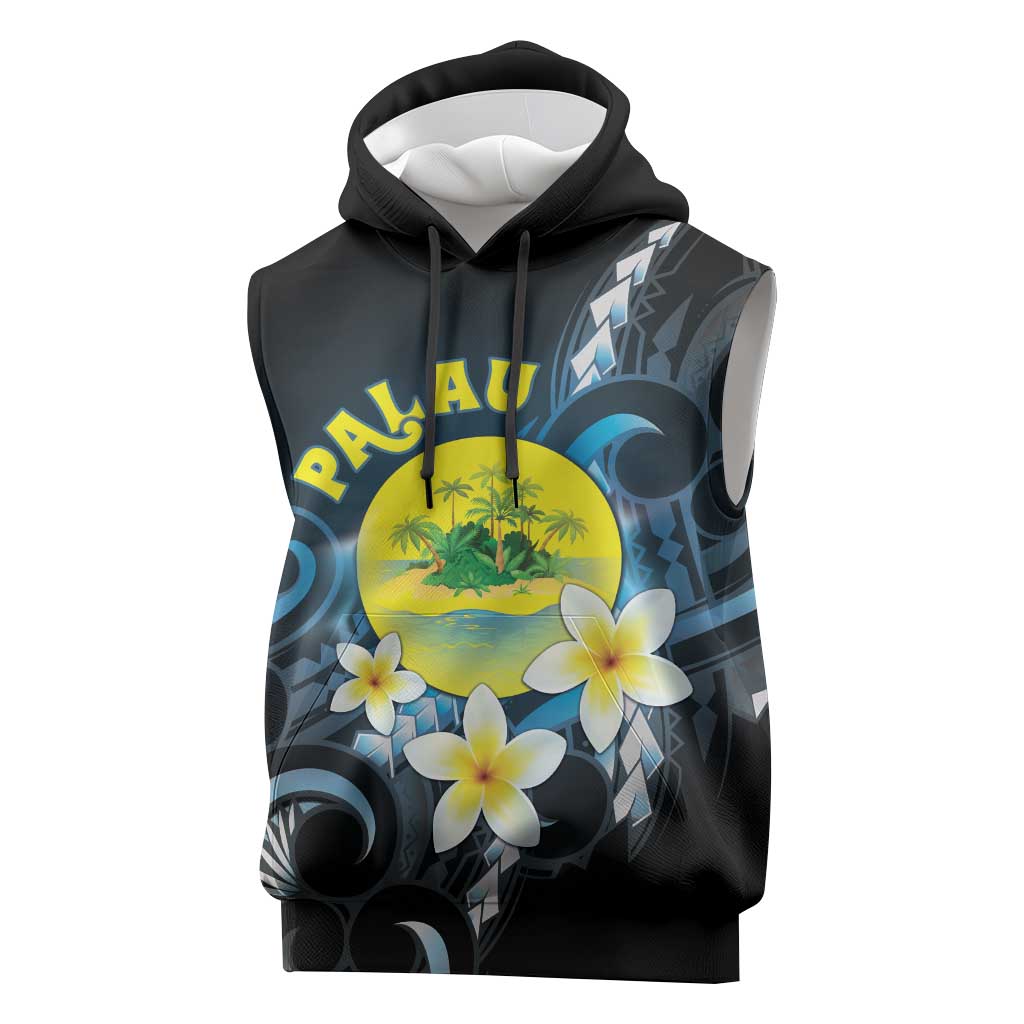 Palau United Nations Day Sleeveless Hoodie Polynesian Curves Plumeria LT05 Black - Polynesian Pride