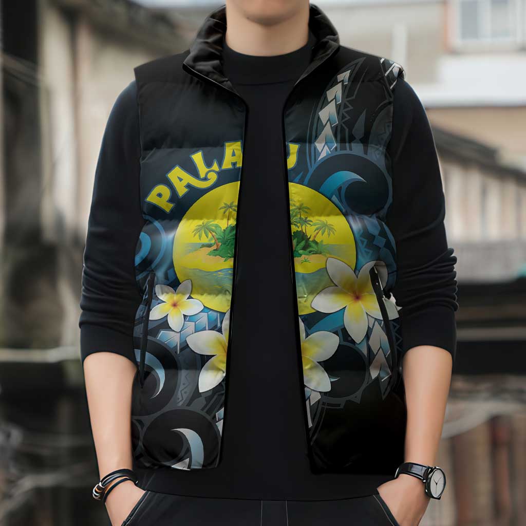 Palau United Nations Day Sleeveless Puffer Jacket Polynesian Curves Plumeria - Polynesian Pride