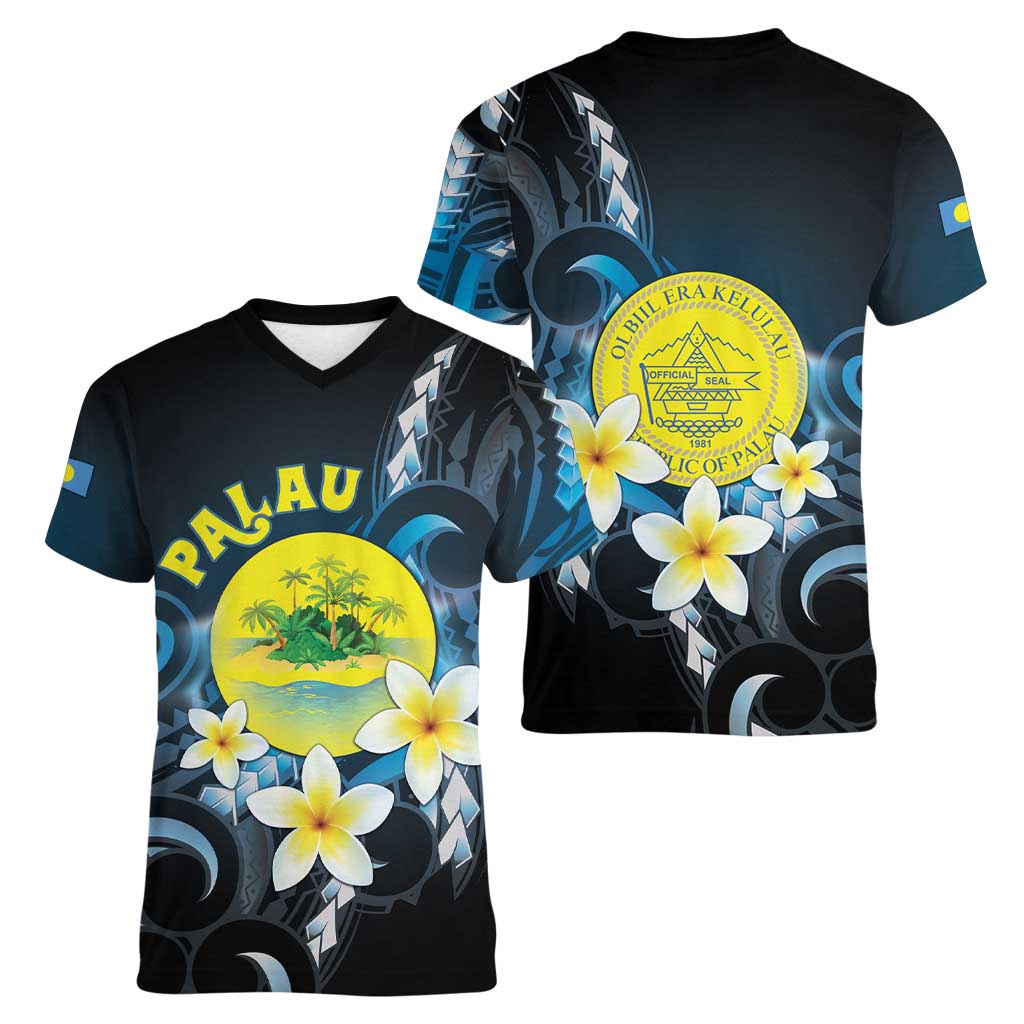 Palau United Nations Day Women V-Neck T-Shirt Polynesian Curves Plumeria - Polynesian Pride