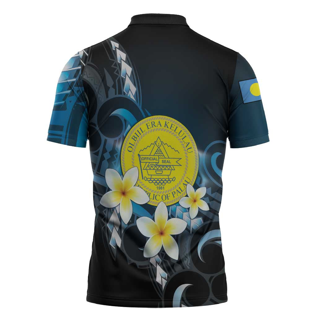 Palau United Nations Day Zipper Polo Shirt Polynesian Curves Plumeria - Polynesian Pride