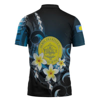 Palau United Nations Day Zipper Polo Shirt Polynesian Curves Plumeria - Polynesian Pride