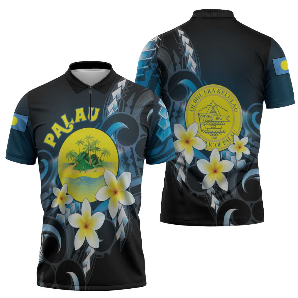 Palau United Nations Day Zipper Polo Shirt Polynesian Curves Plumeria - Polynesian Pride