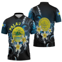 Palau United Nations Day Zipper Polo Shirt Polynesian Curves Plumeria - Polynesian Pride