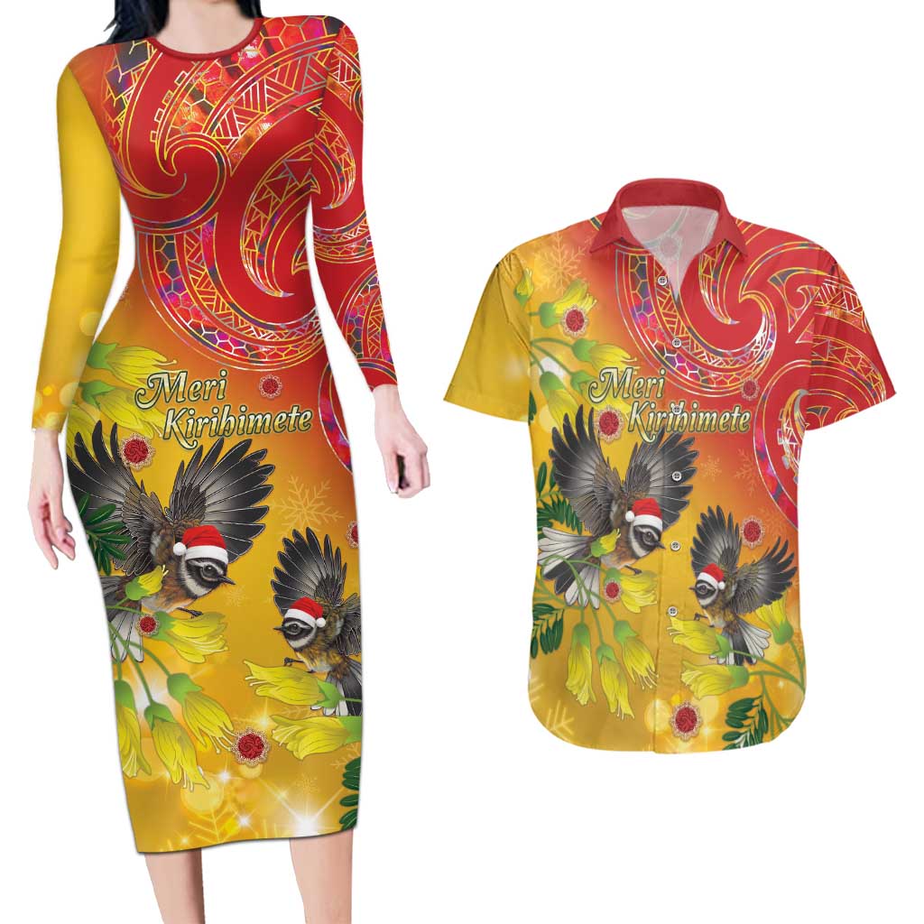 New Zealand Piwakawaka Christmas Couples Matching Long Sleeve Bodycon Dress and Hawaiian Shirt With Maori Pattern LT05 Yellow - Polynesian Pride