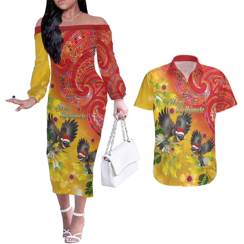 New Zealand Piwakawaka Christmas Couples Matching Off The Shoulder Long Sleeve Dress and Hawaiian Shirt With Maori Pattern LT05 Yellow - Polynesian Pride