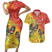 New Zealand Piwakawaka Christmas Couples Matching Short Sleeve Bodycon Dress and Hawaiian Shirt With Maori Pattern LT05 Yellow - Polynesian Pride