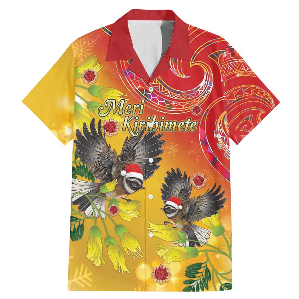 New Zealand Piwakawaka Christmas Family Matching Mermaid Dress and Hawaiian Shirt With Maori Pattern LT05 Dad's Shirt - Short Sleeve Yellow - Polynesian Pride
