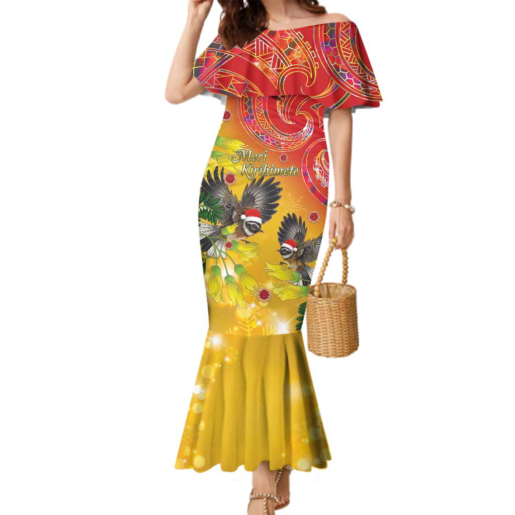 New Zealand Piwakawaka Christmas Family Matching Mermaid Dress and Hawaiian Shirt With Maori Pattern LT05 Mom's Dress Yellow - Polynesian Pride