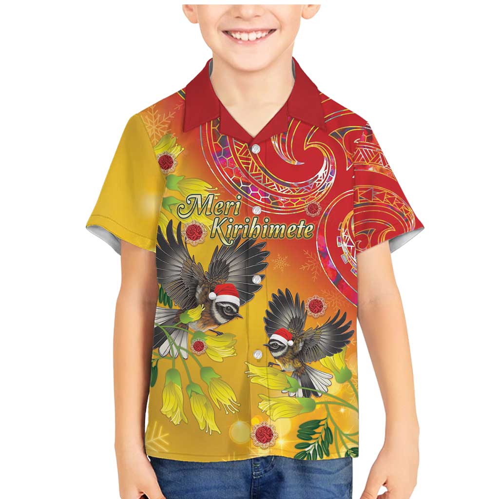 New Zealand Piwakawaka Christmas Family Matching Mermaid Dress and Hawaiian Shirt With Maori Pattern LT05 Son's Shirt Yellow - Polynesian Pride