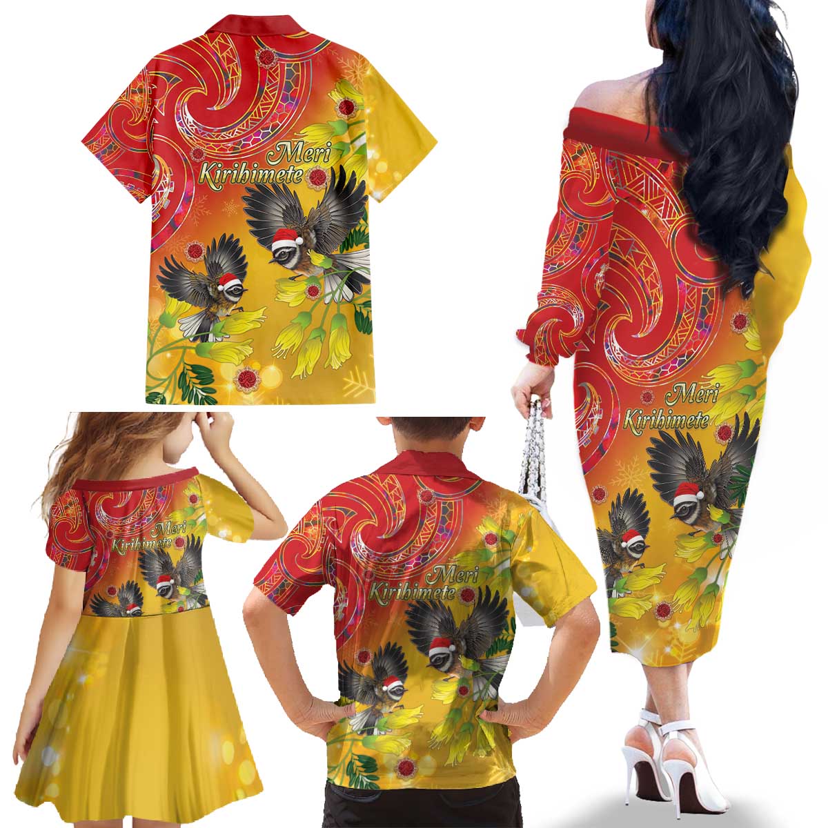 New Zealand Piwakawaka Christmas Family Matching Off The Shoulder Long Sleeve Dress and Hawaiian Shirt With Maori Pattern LT05 - Polynesian Pride