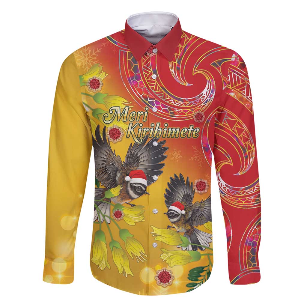 New Zealand Piwakawaka Christmas Family Matching Off Shoulder Maxi Dress and Hawaiian Shirt With Maori Pattern LT05 Dad's Shirt - Long Sleeve Yellow - Polynesian Pride