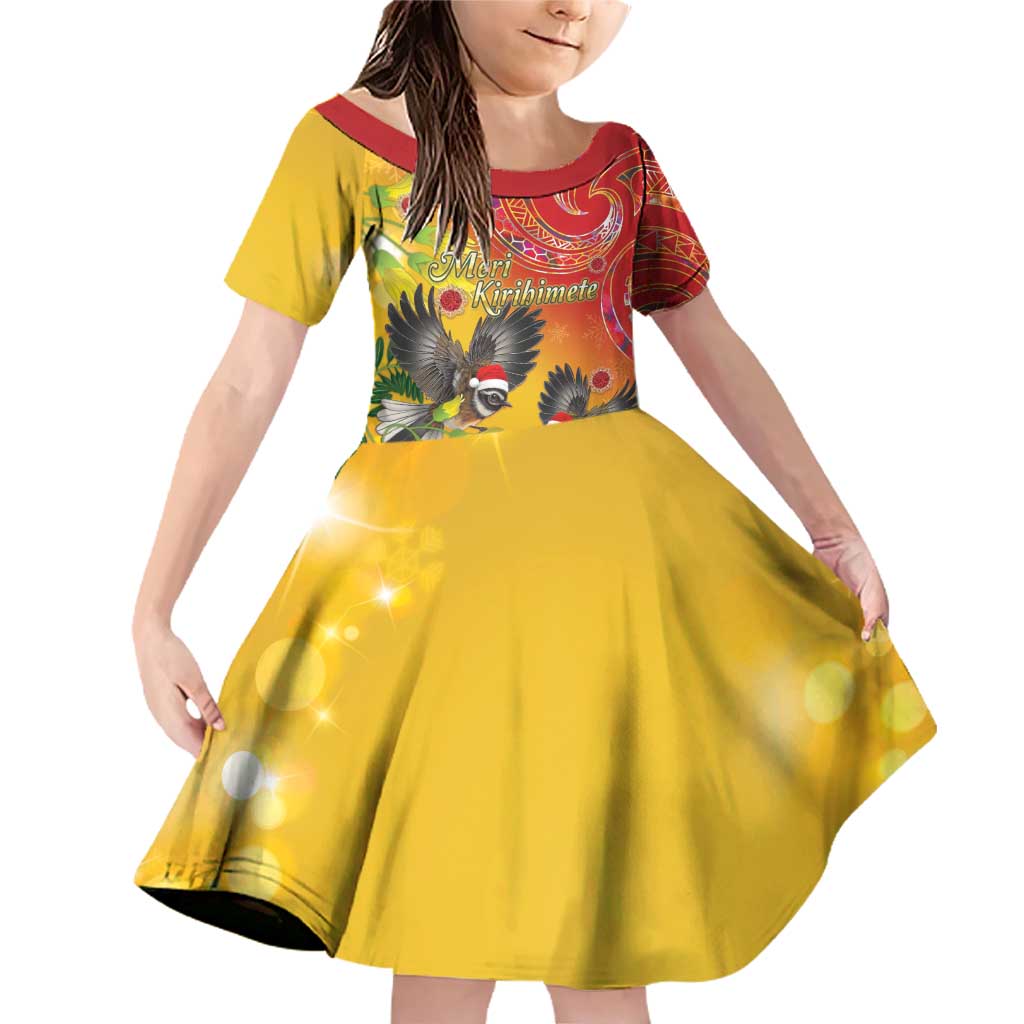 New Zealand Piwakawaka Christmas Family Matching Off Shoulder Short Dress and Hawaiian Shirt With Maori Pattern LT05 Daughter's Dress Yellow - Polynesian Pride