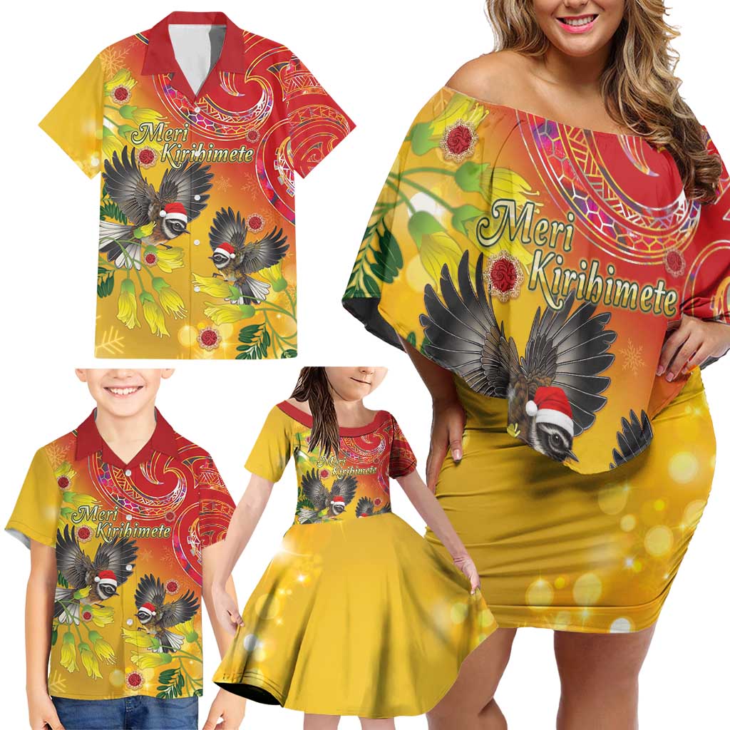 New Zealand Piwakawaka Christmas Family Matching Off Shoulder Short Dress and Hawaiian Shirt With Maori Pattern LT05 - Polynesian Pride