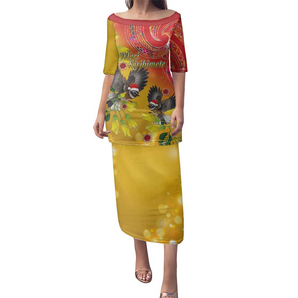 New Zealand Piwakawaka Christmas Family Matching Puletasi and Hawaiian Shirt With Maori Pattern LT05 Mom's Dress Yellow - Polynesian Pride