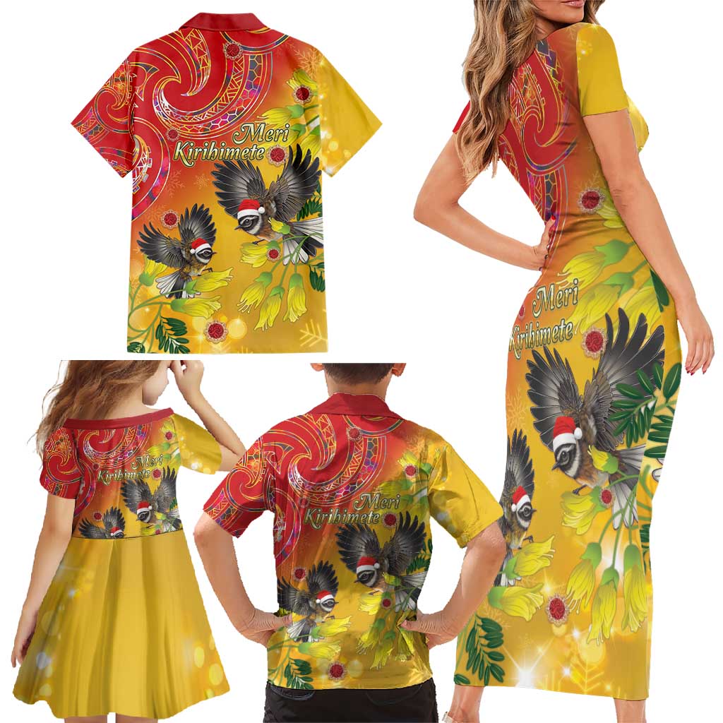 New Zealand Piwakawaka Christmas Family Matching Short Sleeve Bodycon Dress and Hawaiian Shirt With Maori Pattern LT05 - Polynesian Pride