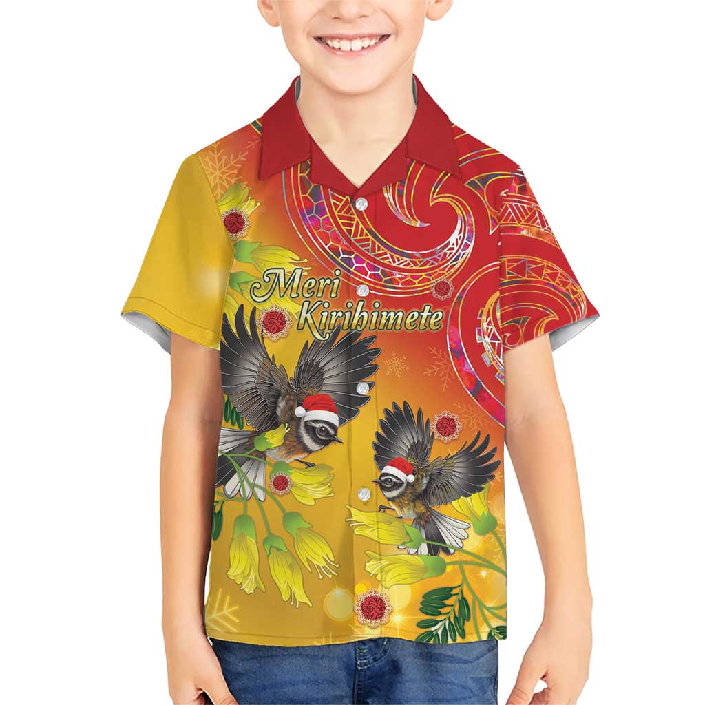 New Zealand Piwakawaka Christmas Family Matching Short Sleeve Bodycon Dress and Hawaiian Shirt With Maori Pattern LT05 Son's Shirt Yellow - Polynesian Pride