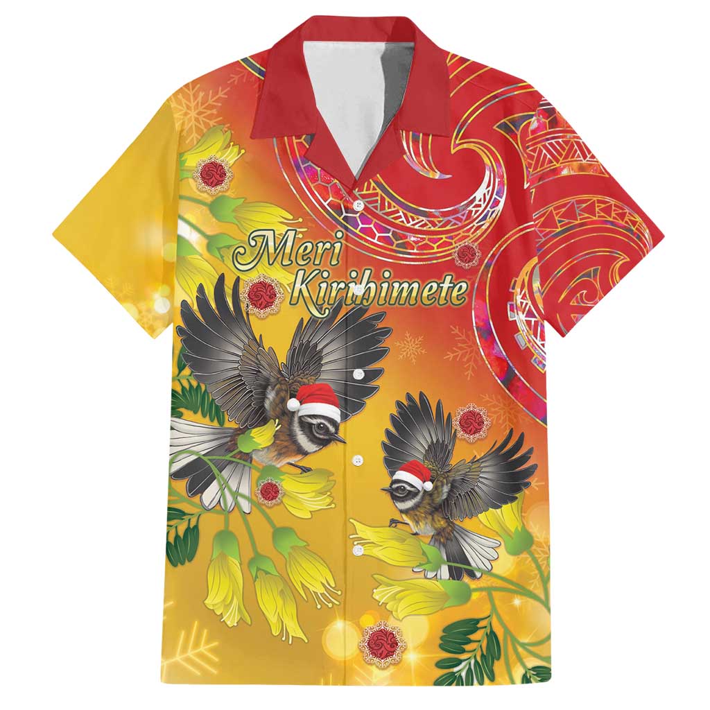 New Zealand Piwakawaka Christmas Family Matching Tank Maxi Dress and Hawaiian Shirt With Maori Pattern LT05 Dad's Shirt - Short Sleeve Yellow - Polynesian Pride